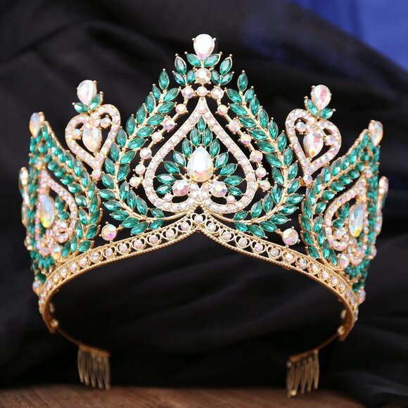 Queen of Spades, Green Crystal Crown, Gold Comb Crown, Pageant Crown, XL Size
